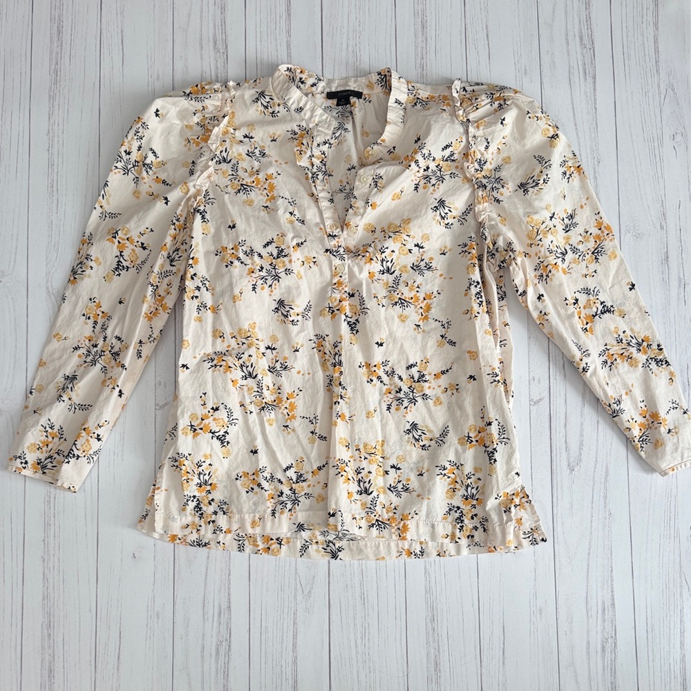 J. Crew Cream Floral Button-Front Blouse with Yellow and Navy Print